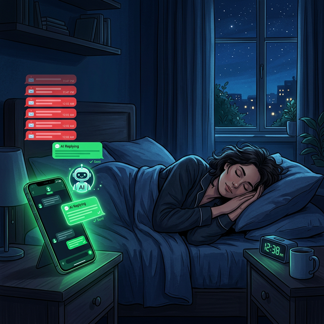 AI chatbot handling customer messages automatically at night while business owner sleeps peacefully